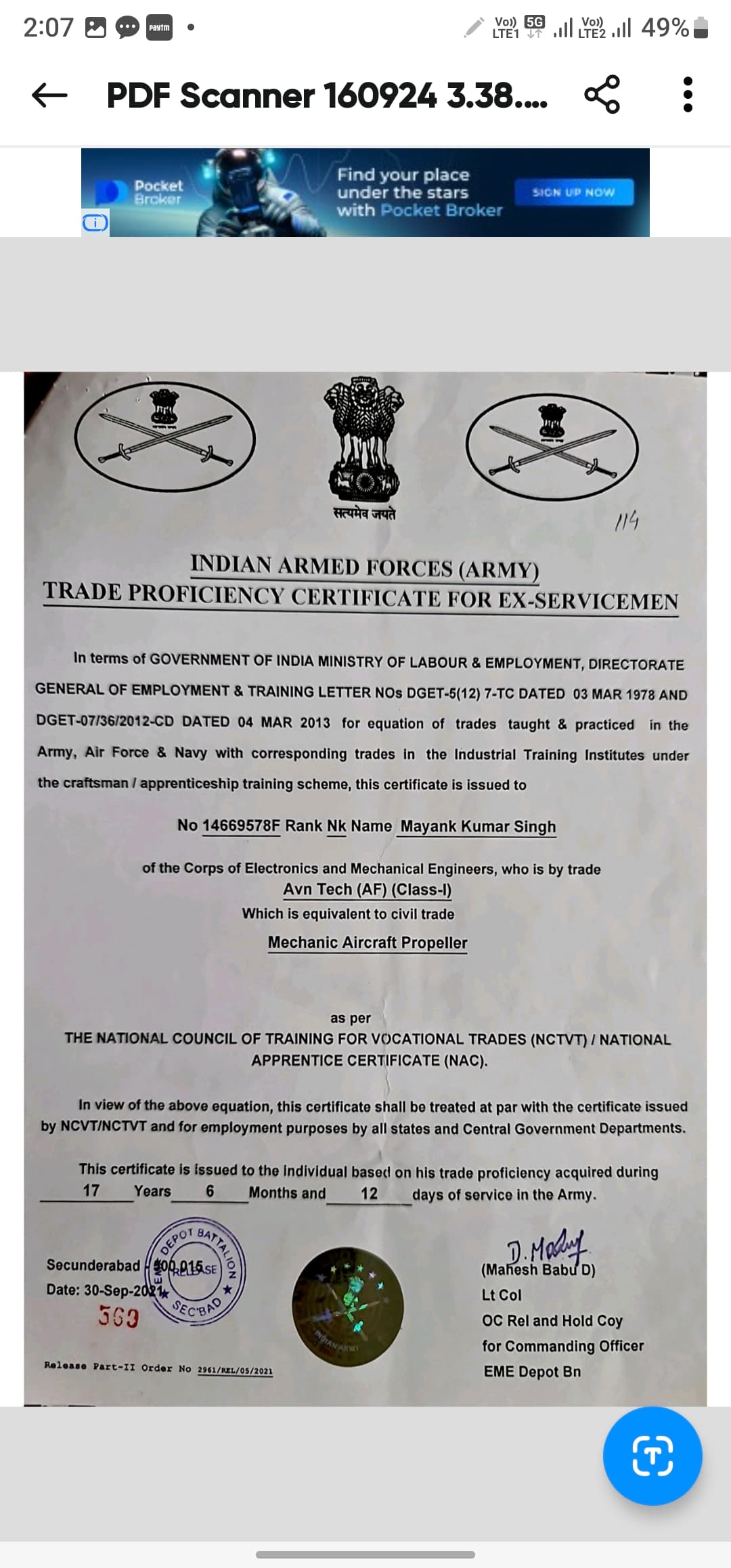Certification Indian Army Certificate Trade proficiency Certificate