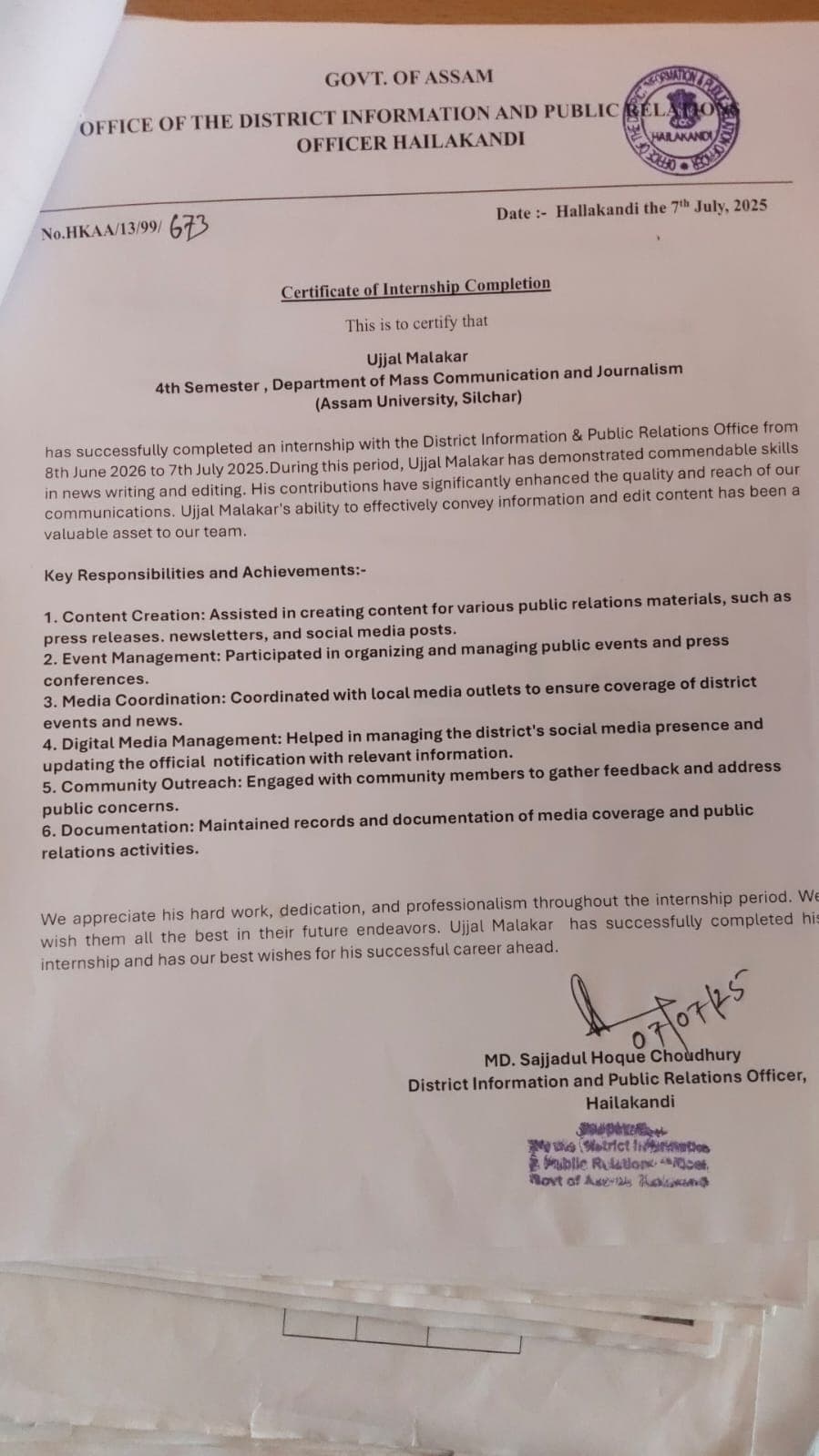 Certification DIPRO, Hailakandi Media communication intern